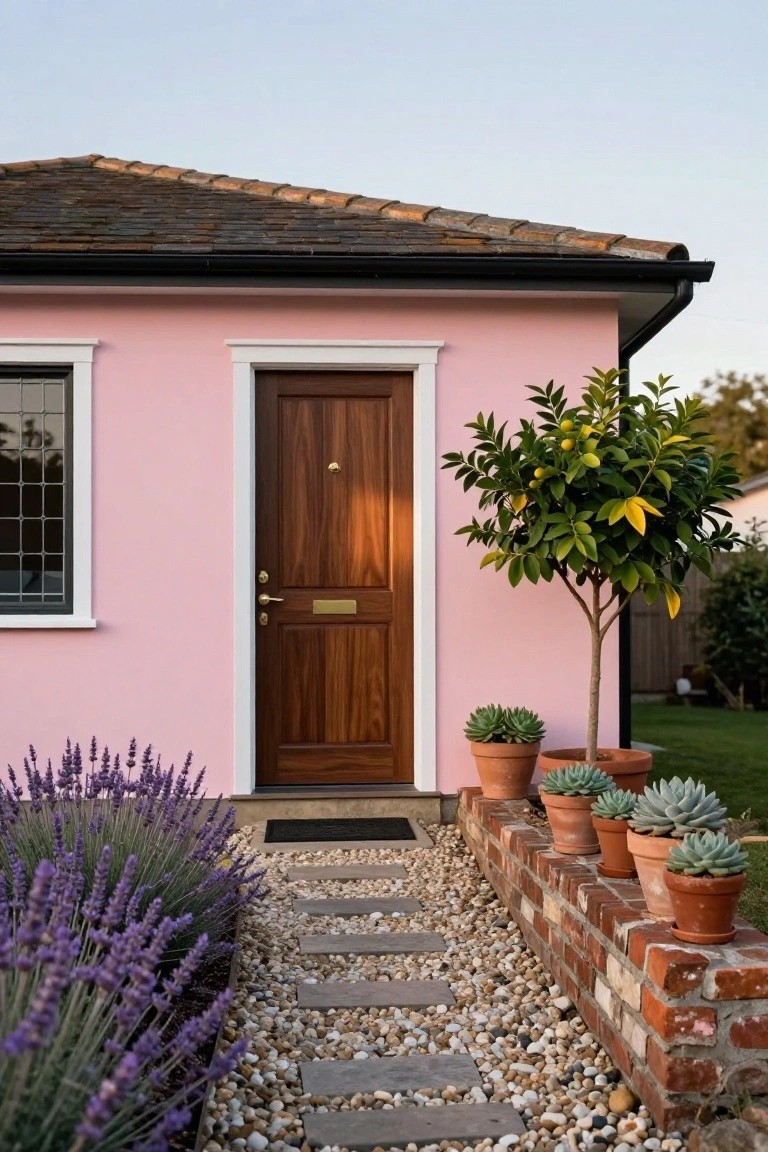 Pink cottage exterior featuring a brown wooden front door with brass knocker, adjacent window, potted succulents and citrus tree nearby, lavender plants bordering a stone and gravel pathway.