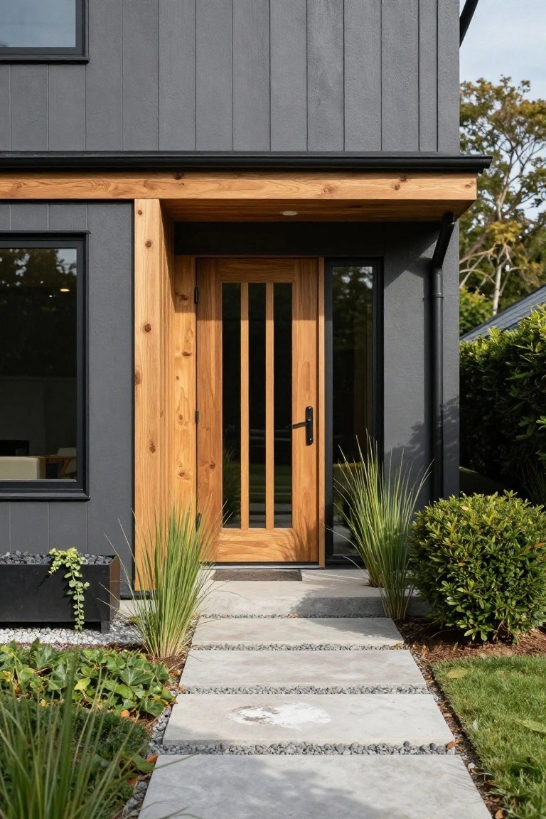 Modern house facade with dark gray vertical siding, warm wood beam and slatted glass entry door, potted grasses and plants beside a concrete paver walkway with pebble strips, and surrounding shrubs and lawn.
