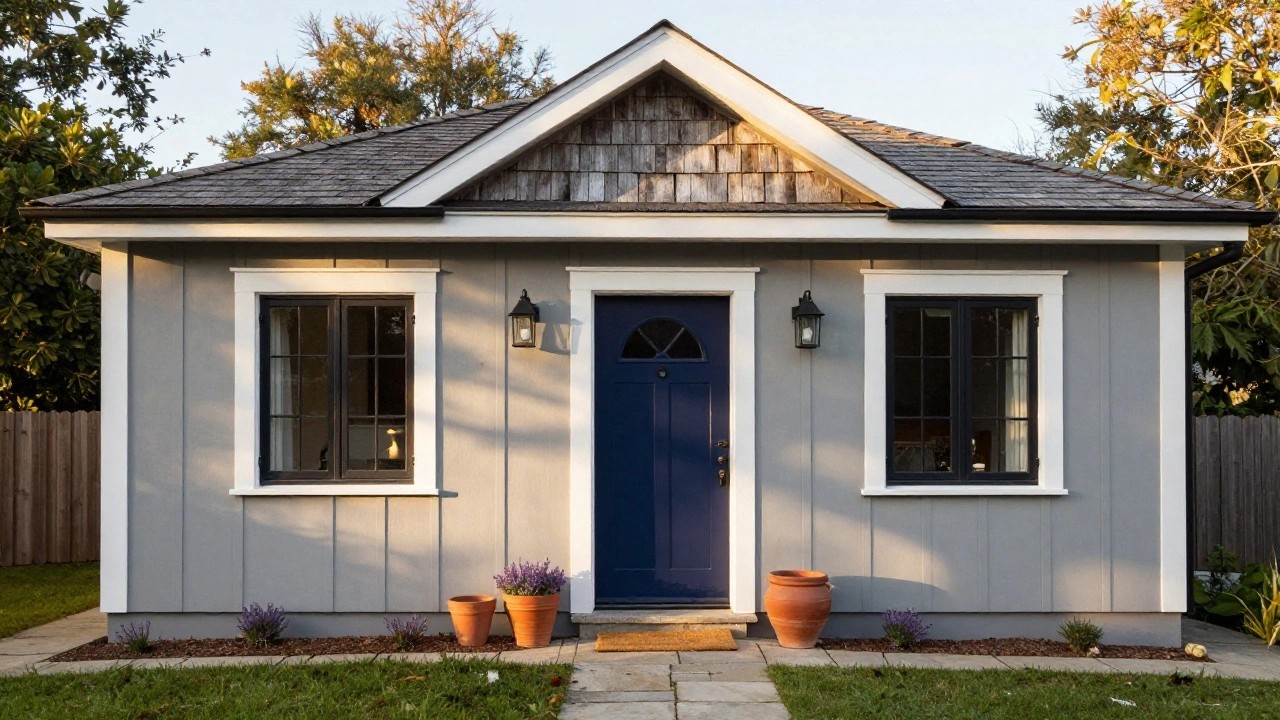 Small cottage with light gray clapboard siding, white trim, navy blue arched front door flanked by lanterns, potted plants including lavender, and a stone pathway on a lawn.