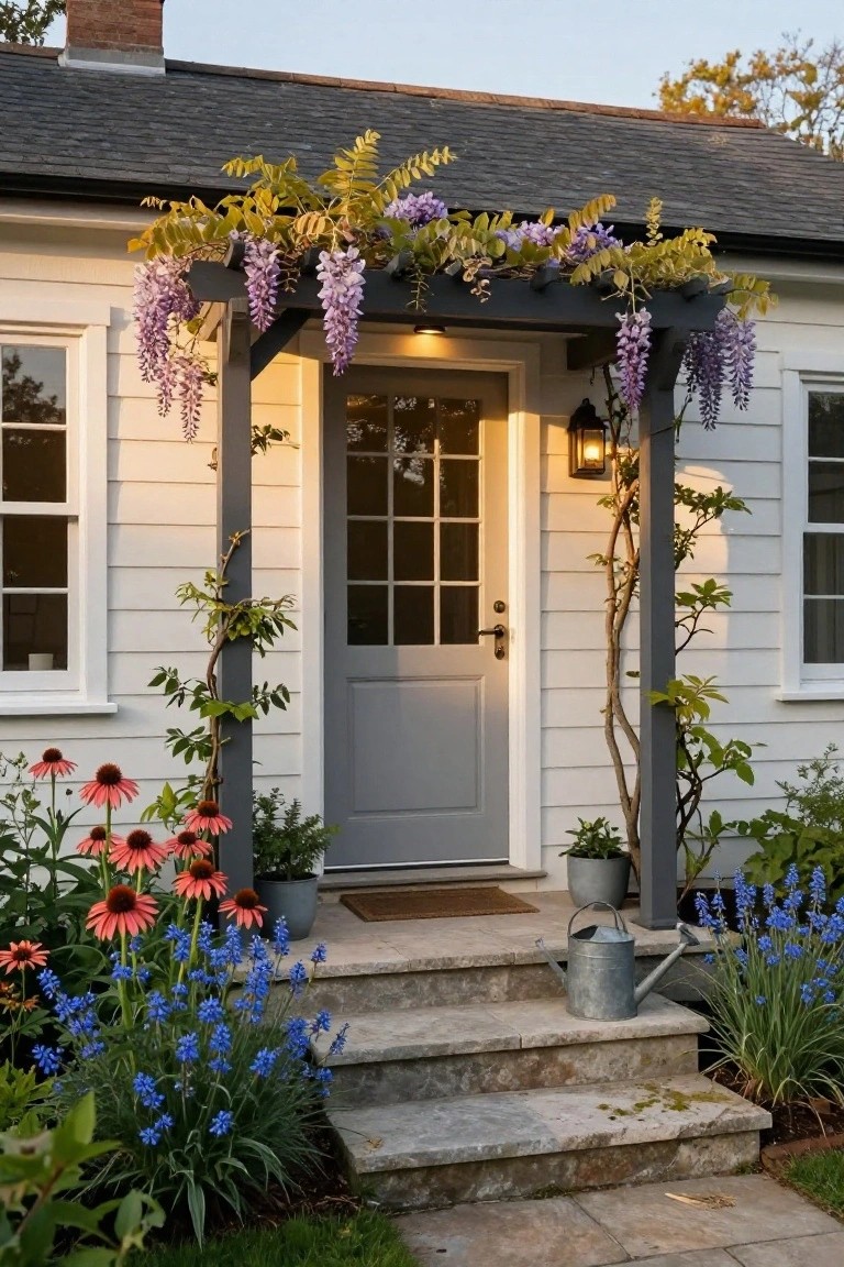 White clapboard house exterior with gray front door under black wisteria arbor, flanked by windows, entry light, flowers, and plants on stone steps.
