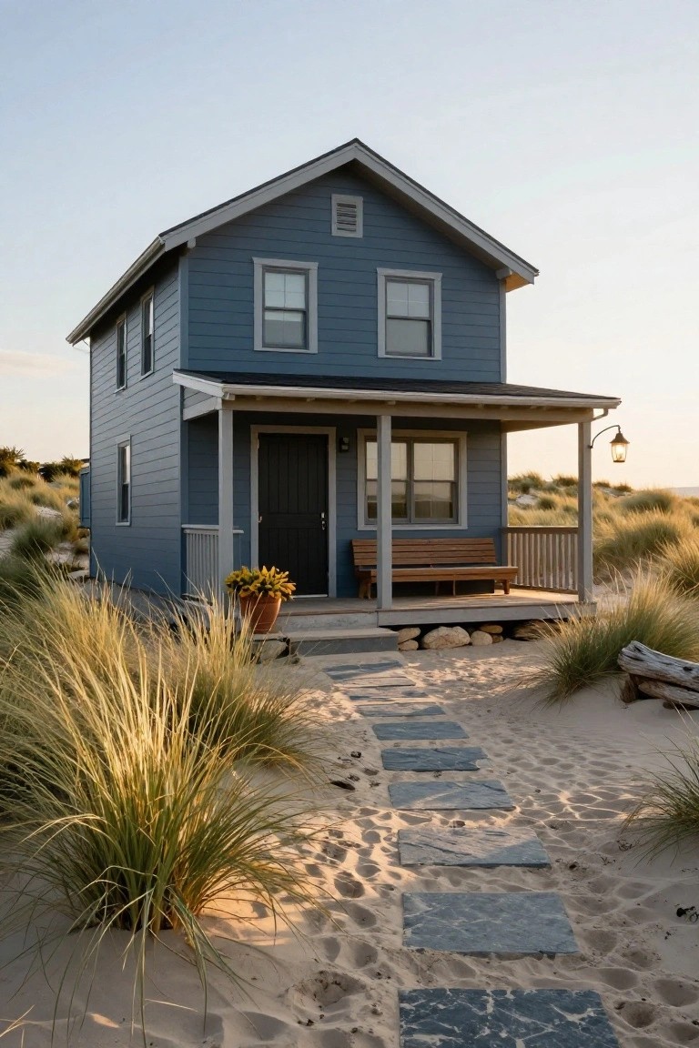 Small two-story blue clapboard cottage with gabled roof, front porch, wooden bench, potted yellow flowers, and lantern, on sandy dunes with sea grass and stone path leading to black front door at sunset.