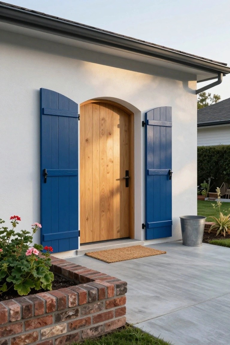 White stucco house wall with open navy blue louvered shutters framing an arched light wood front door, brick planter box with pink geraniums, doormat, metal bucket, and nearby landscaping.