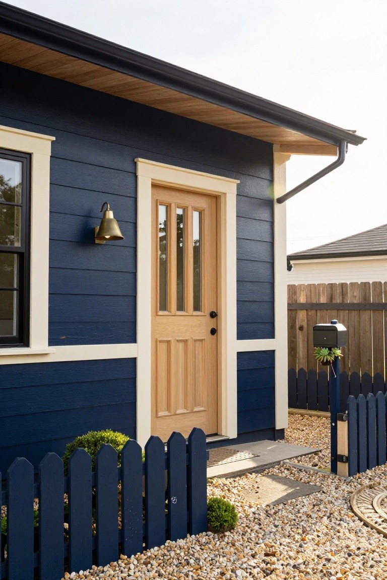 Navy blue clapboard siding on a small cottage exterior with oak paneled front door, white trim, single side window, brass wall lantern, blue picket fence, gravel path, and wooden mailbox post.