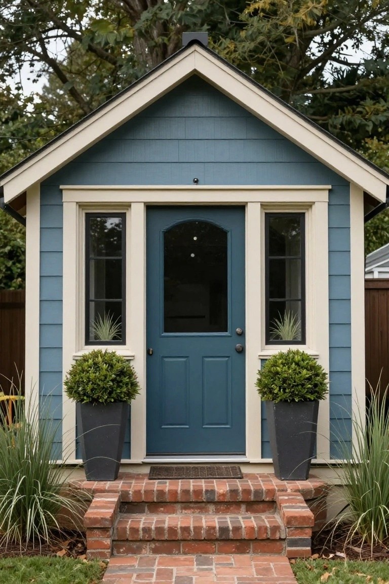 Small cottage-style building with pale blue shingle siding, cream trim, black-framed windows, navy blue arched door, potted boxwood shrubs on sides, brick steps, and ornamental grasses nearby.