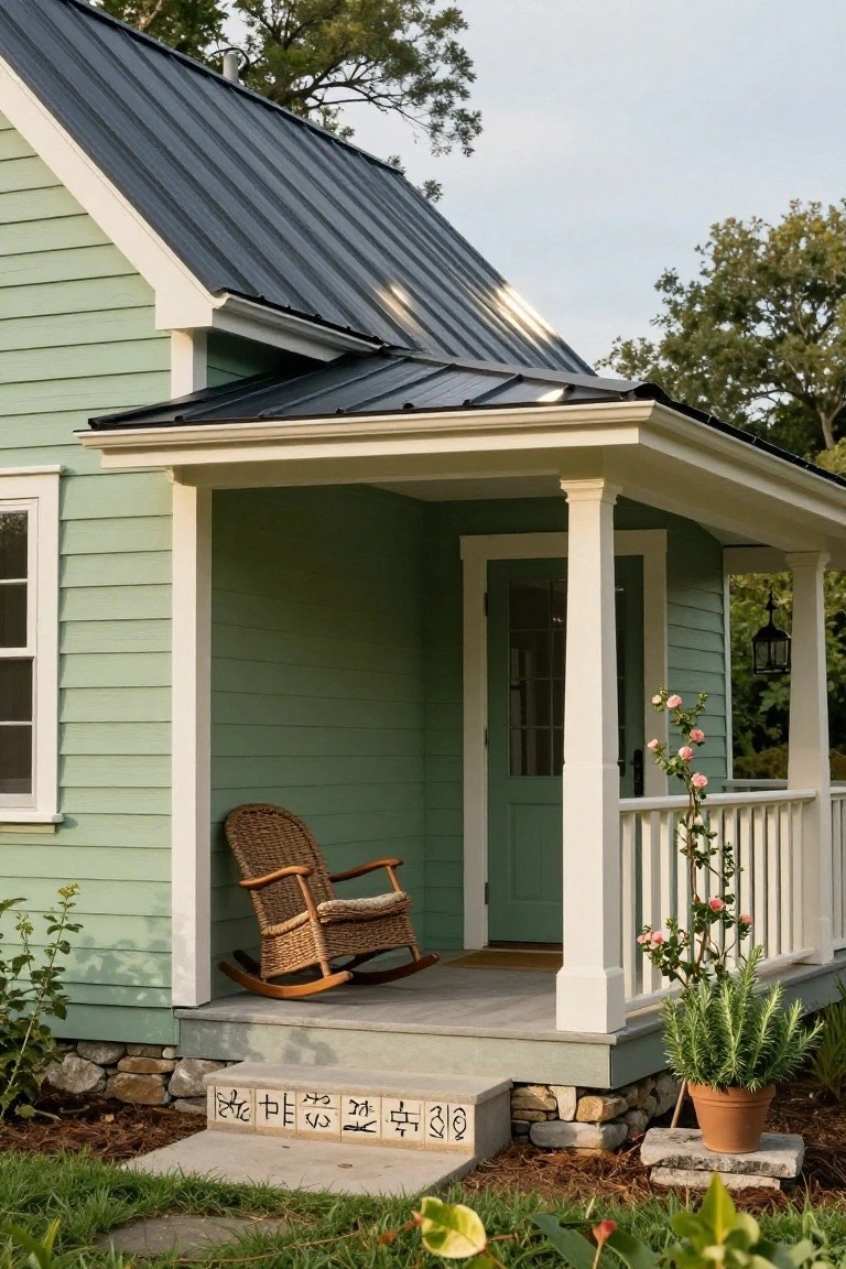 Light green clapboard cottage with black metal roof, white-trimmed porch featuring green door, wicker rocking chair, climbing rose, potted rosemary plant, lantern light, and stone steps with ceramic tile numbers.