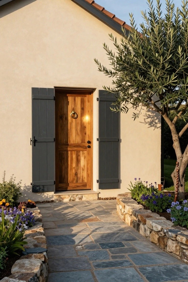 Beige stucco house facade with dark wooden shutters open beside a warm wood double door with brass knocker, olive tree to the side, flower beds, and stone slab pathway leading up.