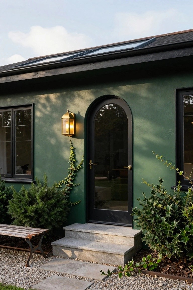 Green painted house exterior featuring an arched black glass door with gold lantern, flanked by black framed windows, ivy vines, shrubs, a wooden bench, stone steps, and gravel path.
