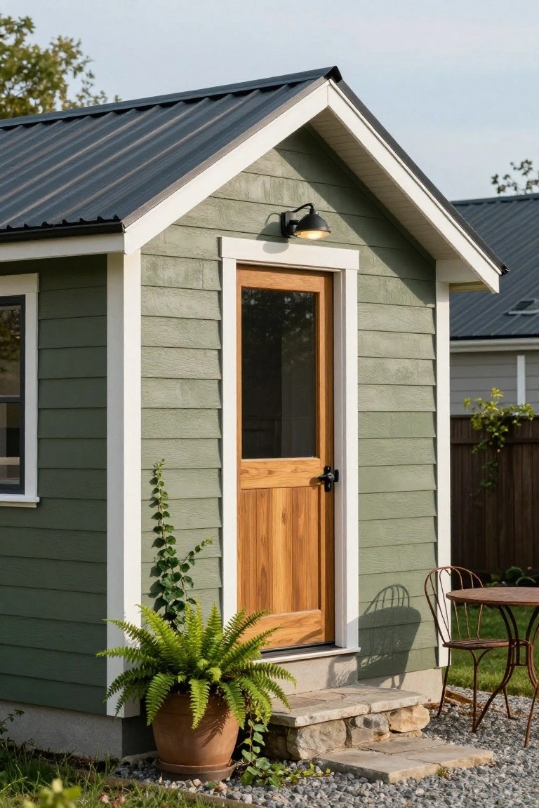 Small green clapboard shed with wooden screen door, single window, metal roof, exterior light, potted fern, vine, and metal bistro table on stone steps beside gravel path.