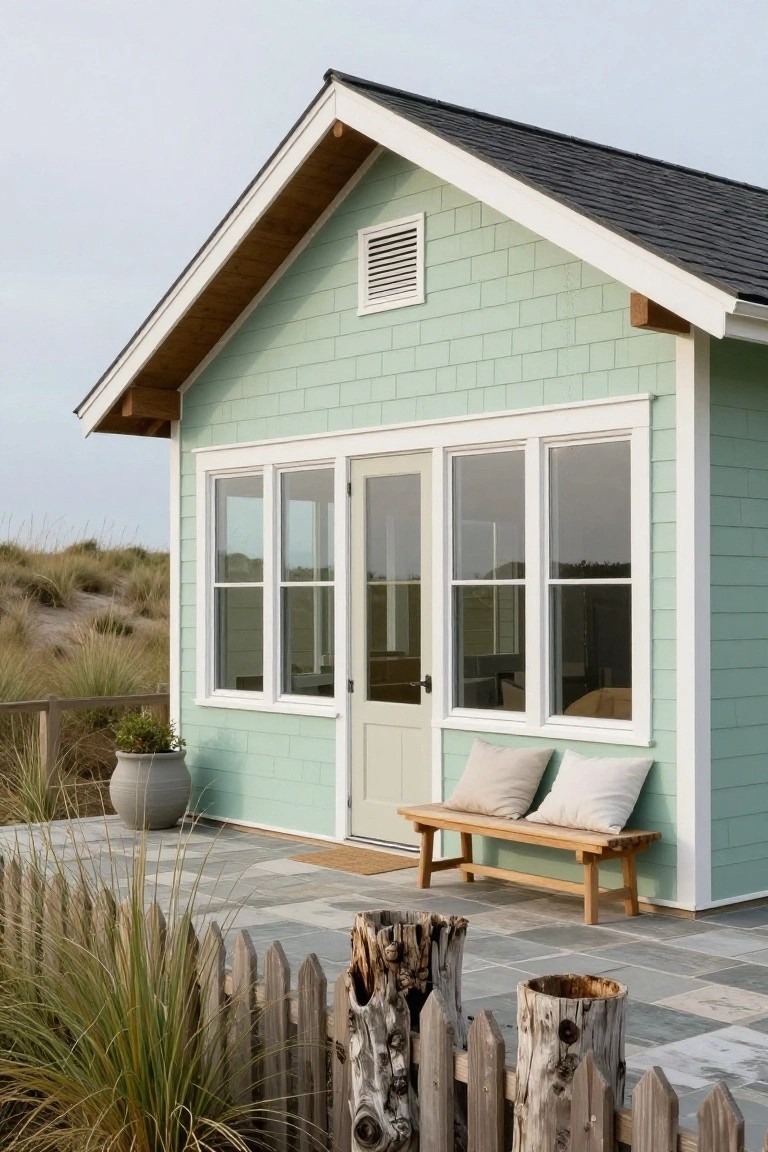 Light green shingle-sided cottage with large triple windows, cream front door, two pillows on a wooden bench, gray pot with plant, picket fence, driftwood posts, and dune grass on a stone patio.