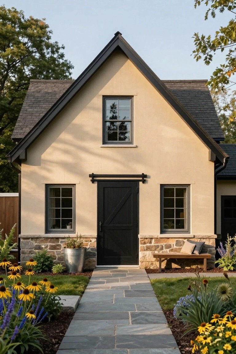 Small gabled cottage with pale beige siding, black sliding barn door centered between two windows, stone base, flanked by plants and flowers, slate path leading to the entry, trees in background.