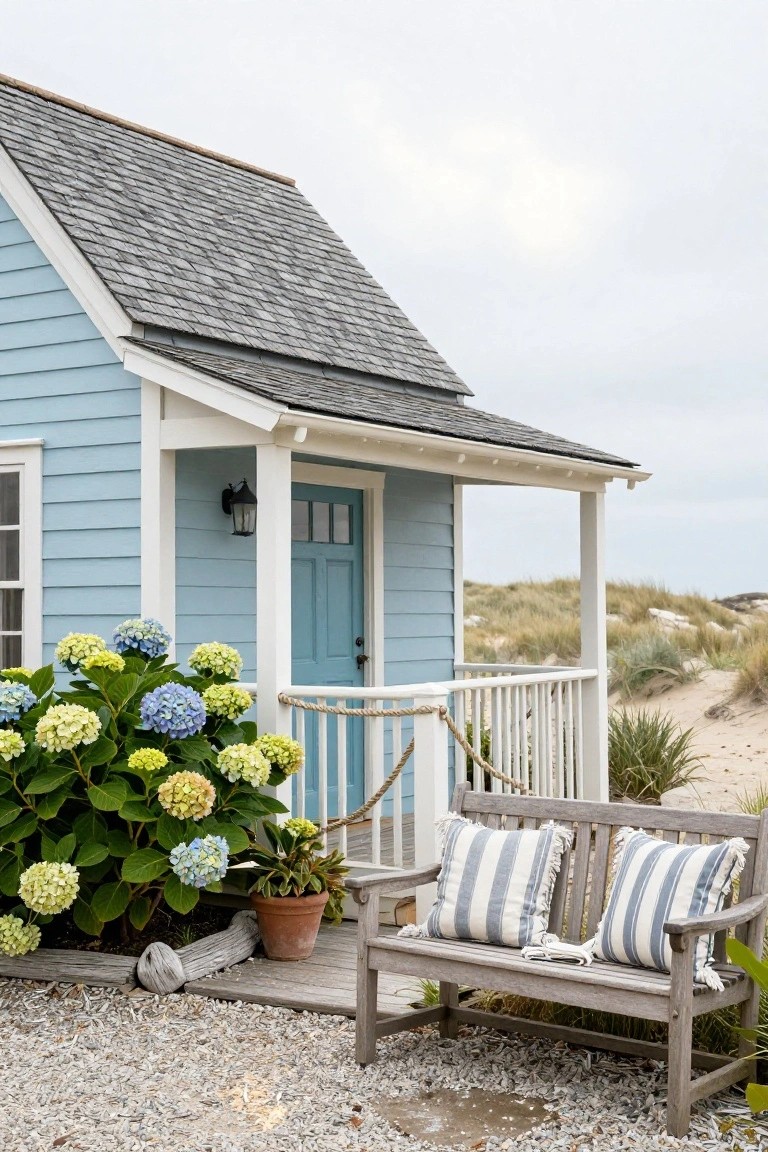 A light blue shingle-style cottage with white trim, turquoise front door, lantern light, covered porch with wooden bench and striped pillows, large hydrangea bushes, and beach dunes in the background.