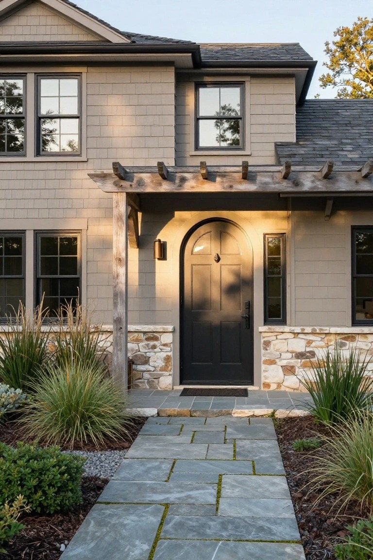 Two-story house facade with light gray horizontal shingle siding, dark gray roof, black arched front door under wooden pergola, stone foundation, double-hung windows, and bluestone walkway edged by grasses.