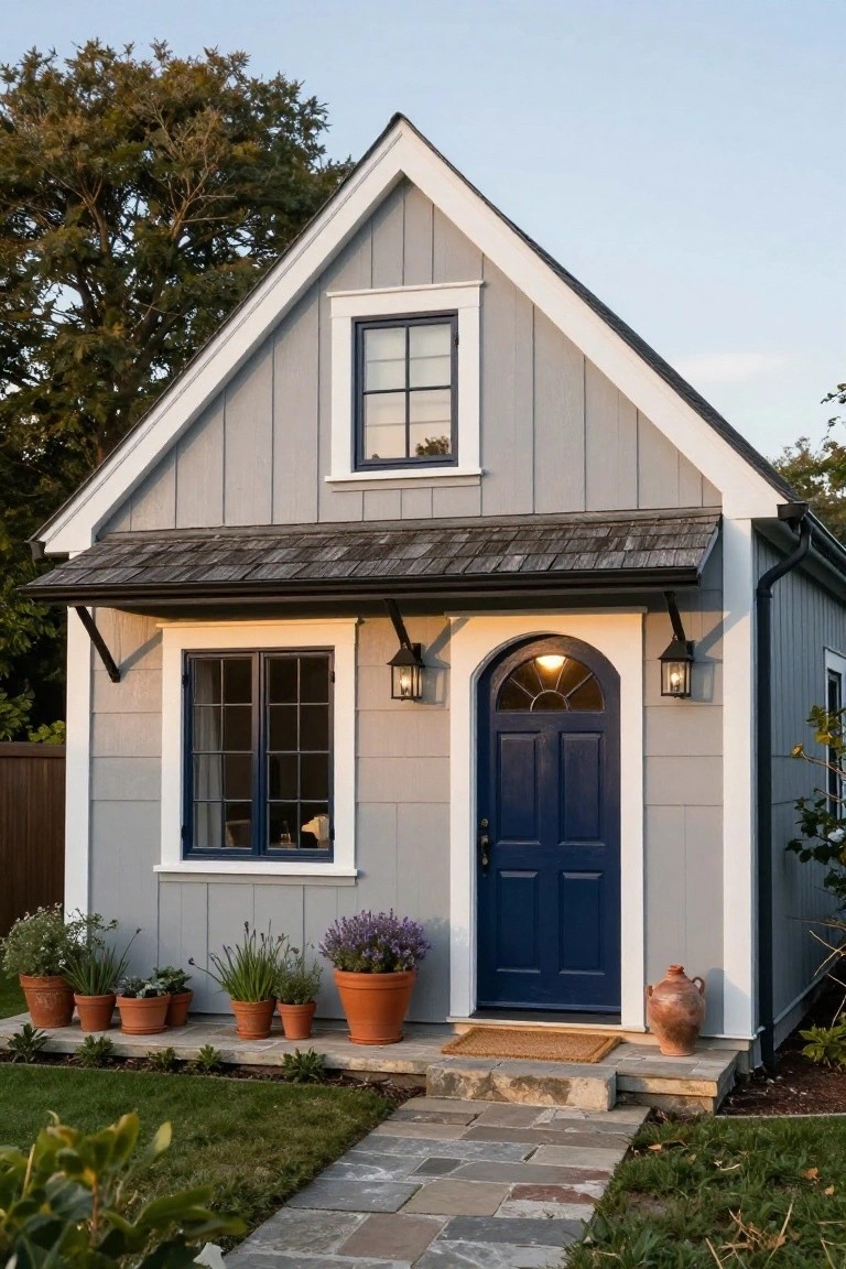 Small cottage with light gray clapboard siding, white trim, navy blue arched front door flanked by lanterns, potted plants including lavender, and a stone pathway on a lawn.