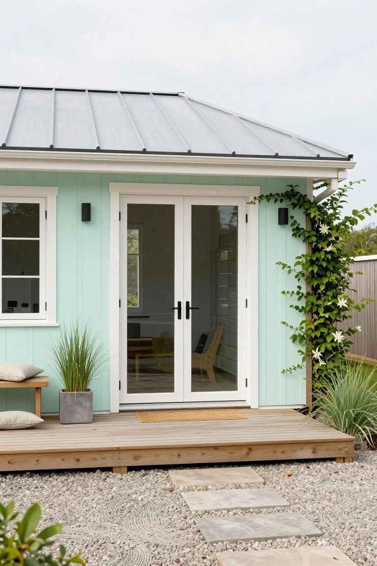 Small mint-green painted cottage with white French doors, metal roof, potted grasses on wooden porch bench, climbing white-flowered vines on right side, and gravel yard with stone path.