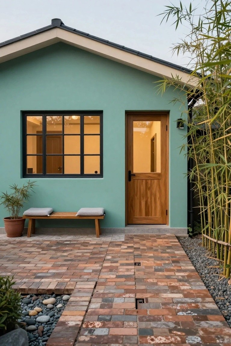 Teal-painted cottage exterior with wooden entry door, black metal-framed window, wooden bench with gray cushions, potted plant, brick patio, pebble border, and tall bamboo plants.
