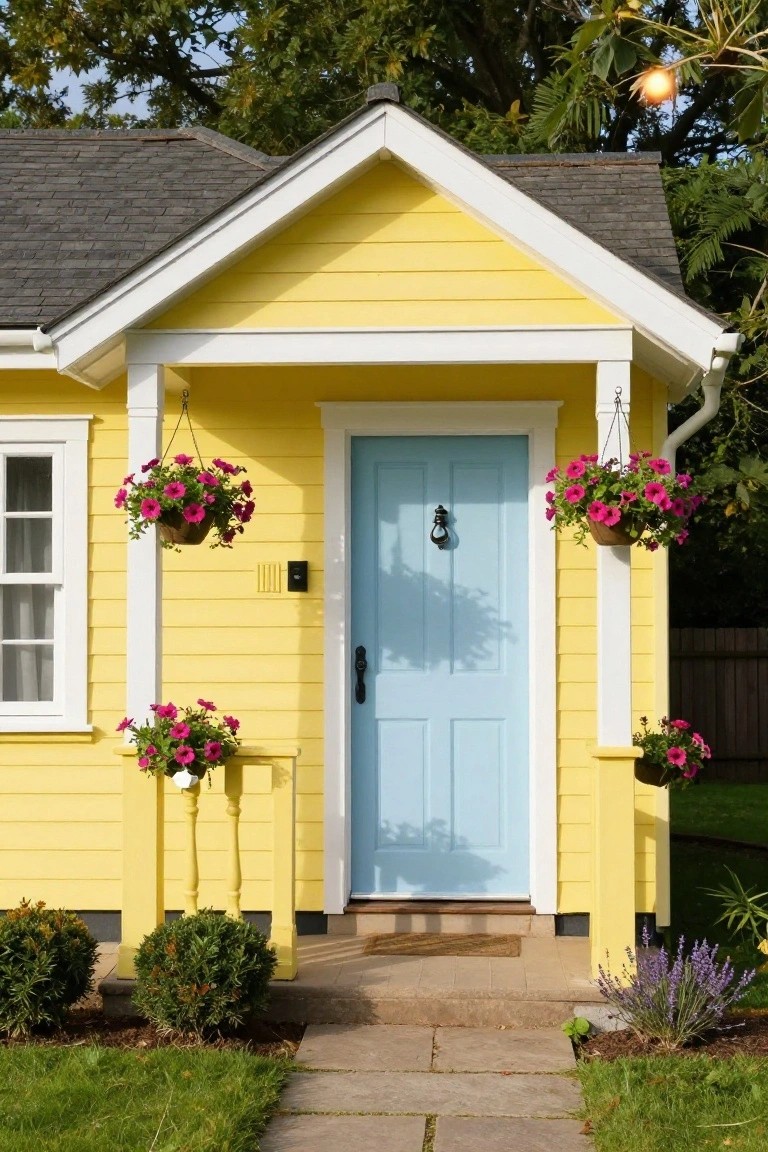 Yellow house with light blue door and hanging pink flowers.