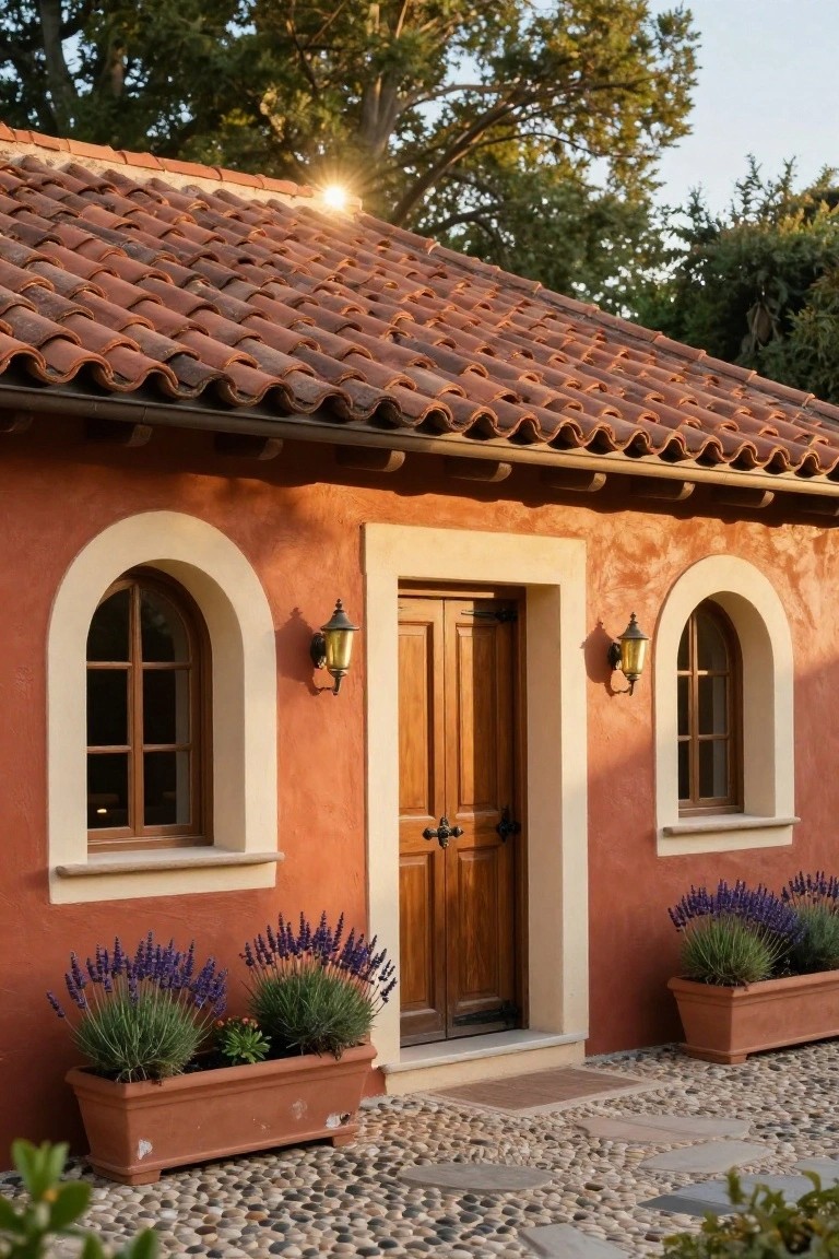 Small single-story cottage with terracotta tile roof, peach-colored stucco walls, arched windows, wooden double doors, wall lanterns, lavender planters, and pebble ground cover.