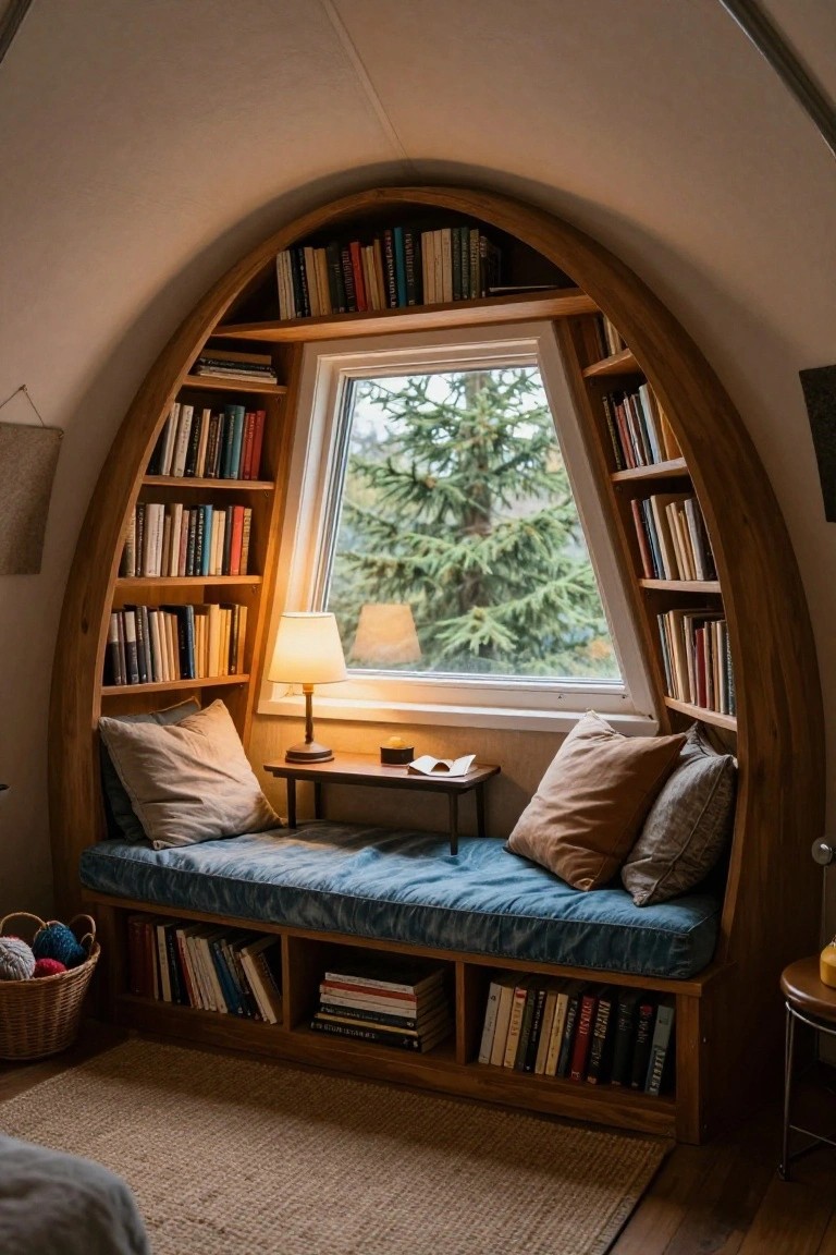 Arched wooden bookshelves built around a triangular window with a view of evergreen trees, featuring a blue cushioned bench seat, table with lamp and book, pillows, basket, and various books on shelves in a cozy interior space.