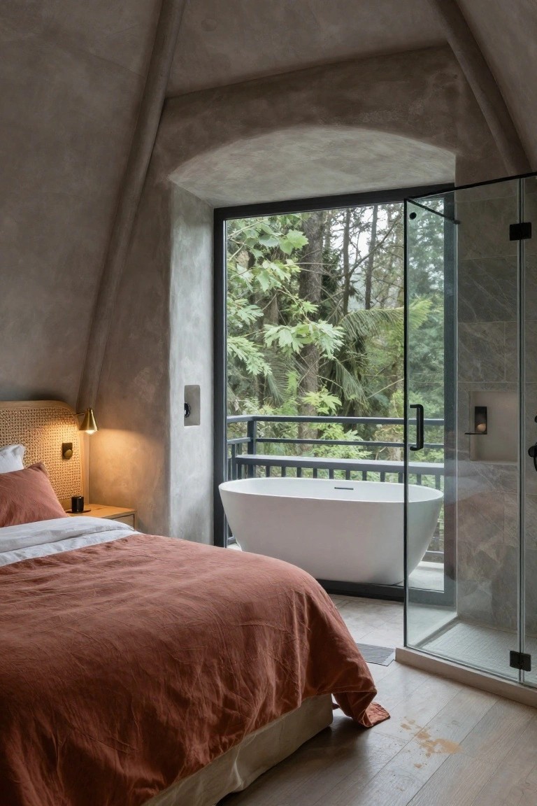 Curved gray interior room with rattan bed and orange bedding on one side, white freestanding bathtub and glass shower enclosure on the other, large glass doors opening to a balcony overlooking green forest.