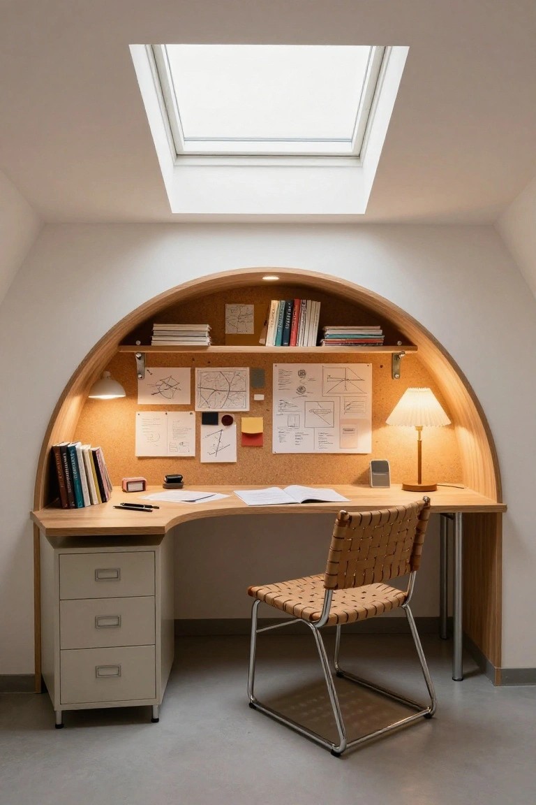 Curved wooden built-in desk alcove with oak shelves, corkboard, lamp, books, and chair in a white room under a skylight.