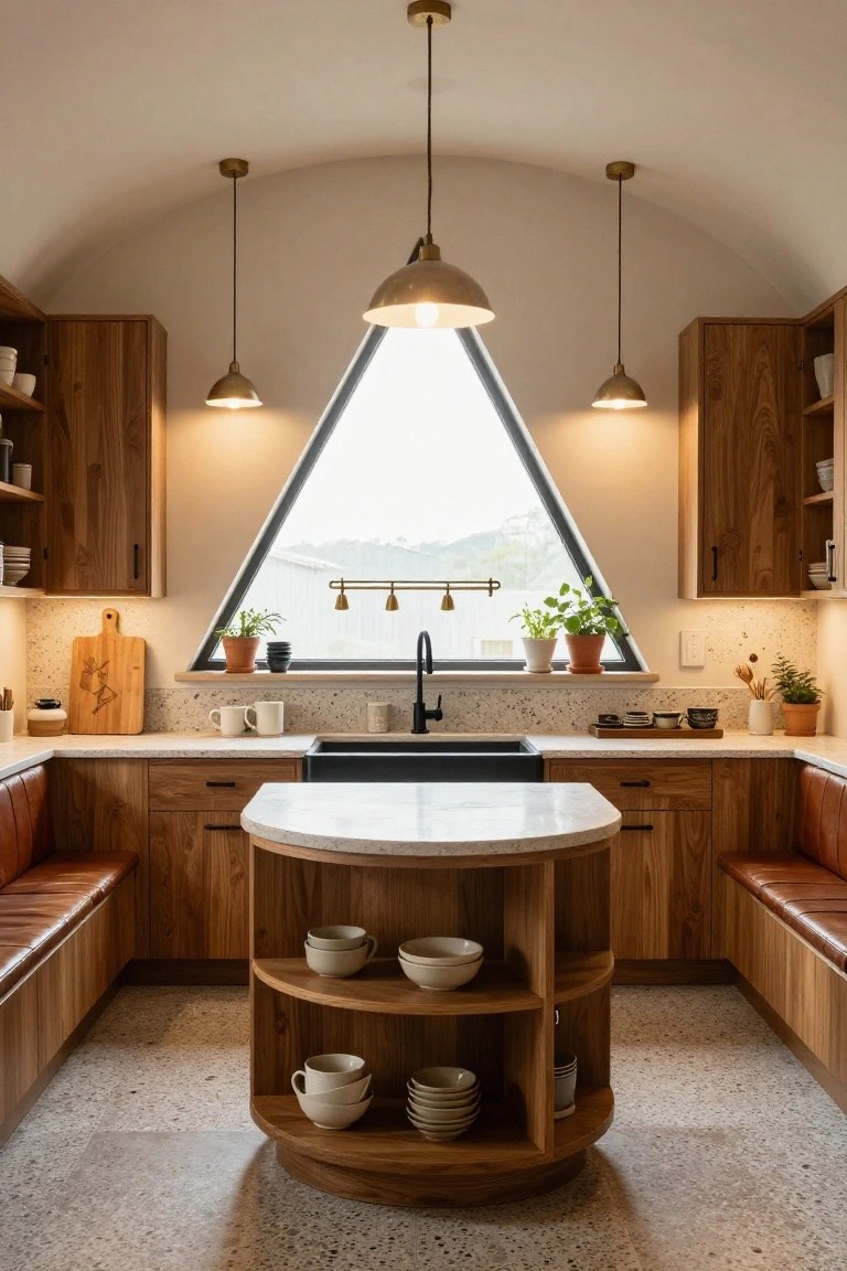 Kitchen interior in a curved dome space featuring arched white ceiling, triangular black-framed window, wooden cabinets and counters, rounded white island with open shelves and built-in leather benches, black sink, terrazzo floor.