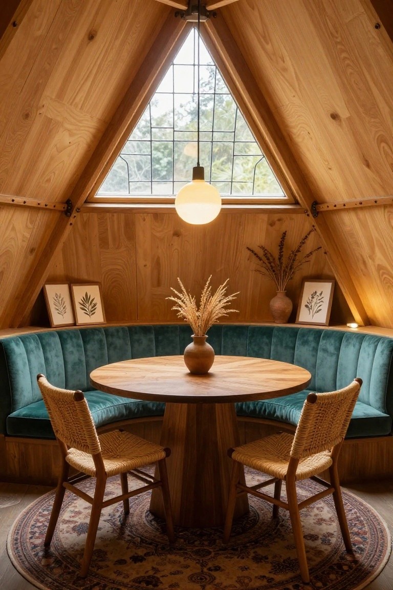 Cozy wooden nook with teal booth, round table, woven chairs, and triangular window.