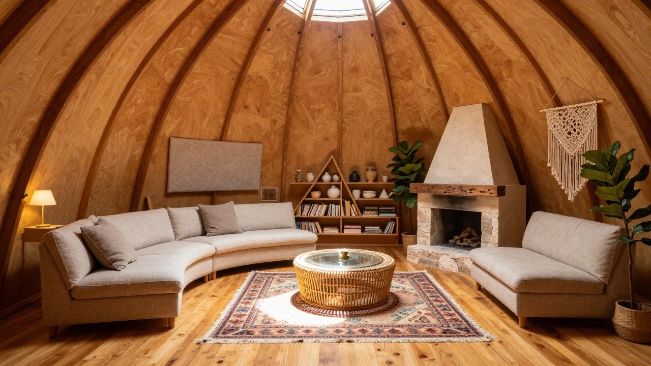 Interior of a geodesic dome living room with curved wooden walls and ceiling, beige curved sofa, rattan coffee table on patterned rug, triangular wooden shelving unit, potted plants, and tall stone fireplace with wood mantel.