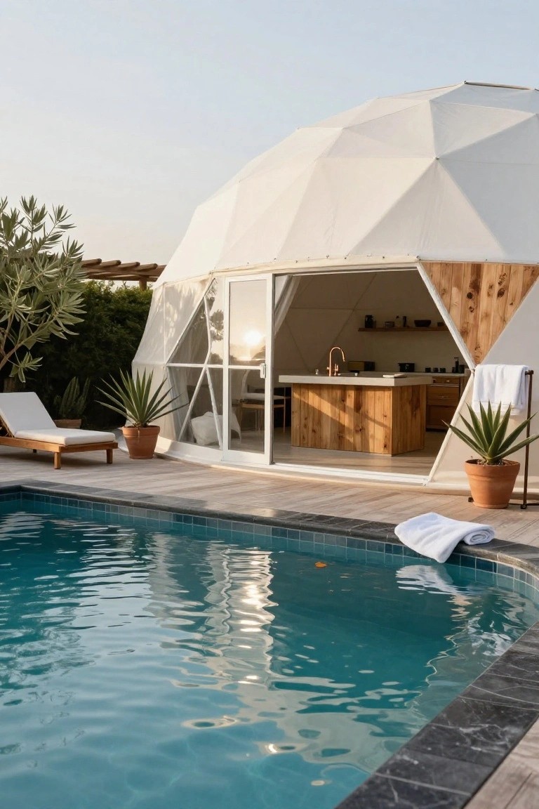 White geodesic dome with wooden entry accents and open glass doors revealing interior wooden kitchen counter and sink, wooden deck with white lounge chair and potted plants adjacent to rectangular blue-tiled pool.
