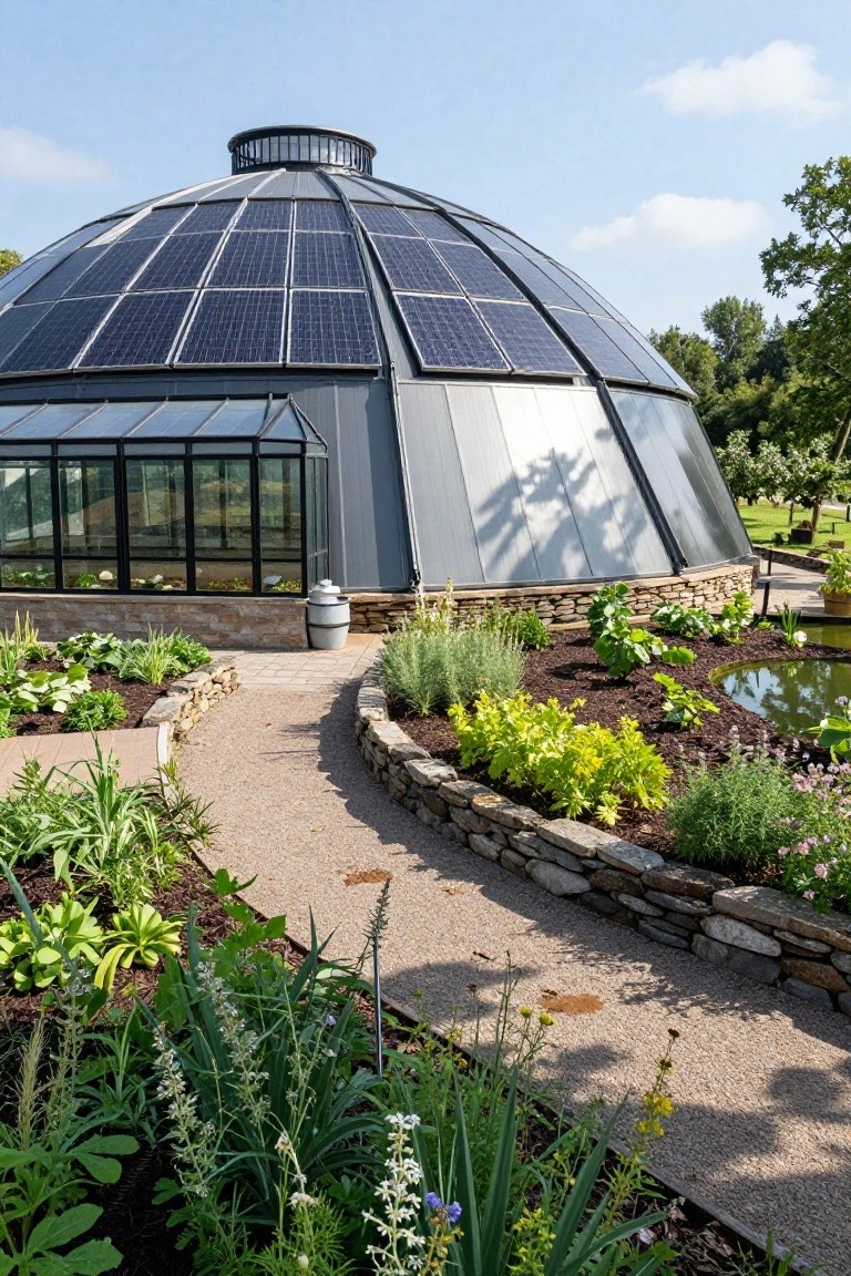 Geodesic dome building topped with solar panels, featuring an attached glass greenhouse extension, surrounded by stone walls, gravel path, planted beds, and a small pond.