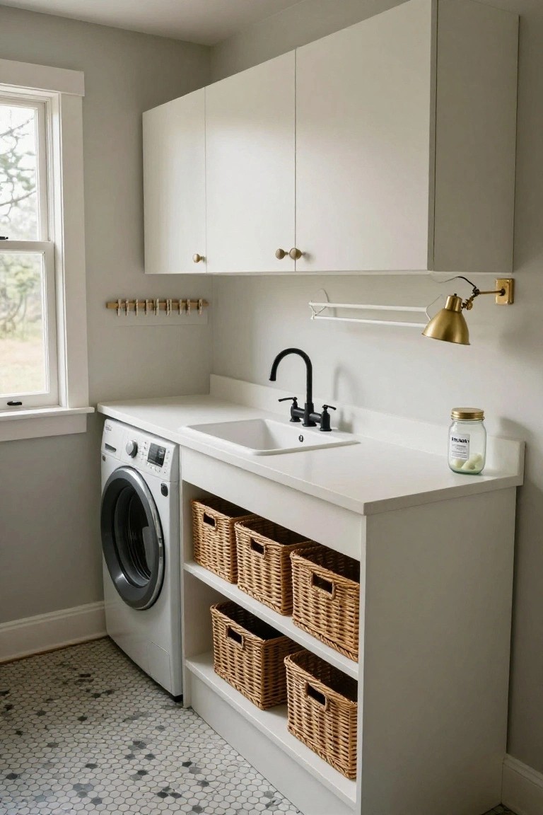 White front-load washer next to a low white cabinet with white quartz countertop and undermount sink, open lower shelves holding four wicker baskets, black faucet, gold sconce light, upper white cabinets, and gray hex tile floor in a laundry room.