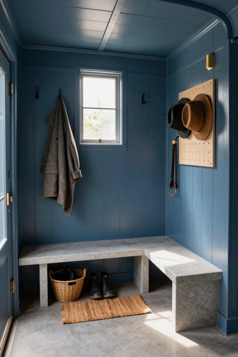Blue shiplap-paneled mudroom corner with L-shaped gray concrete bench, wicker basket of boots underneath, hanging gray coat on hooks, pegboard displaying two hats and a belt, near open door, window, and seagrass rug on concrete floor.