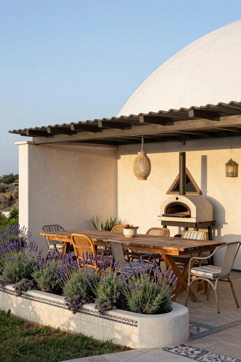 Outdoor patio under a wooden pergola with a built-in white wood-fired oven, rectangular wooden dining table surrounded by wicker and metal chairs, lavender plants in a curved white planter wall, and a large white dome structure nearby.