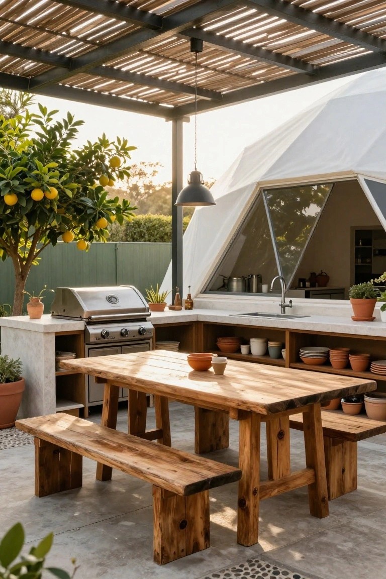 Outdoor concrete kitchen counter with built-in stainless steel barbecue grill and sink under a bamboo pergola, adjacent to a rustic wooden dining table and benches, potted plants, lemon tree, and a white geodesic dome structure visible through windows.