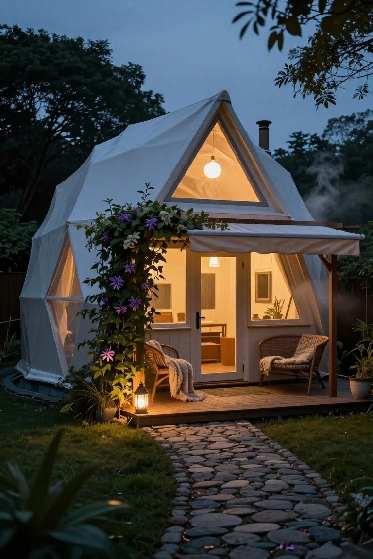 White geodesic dome cabin at dusk with wooden porch, outdoor chairs, climbing purple flowers, stone path leading to entry, and surrounding garden.