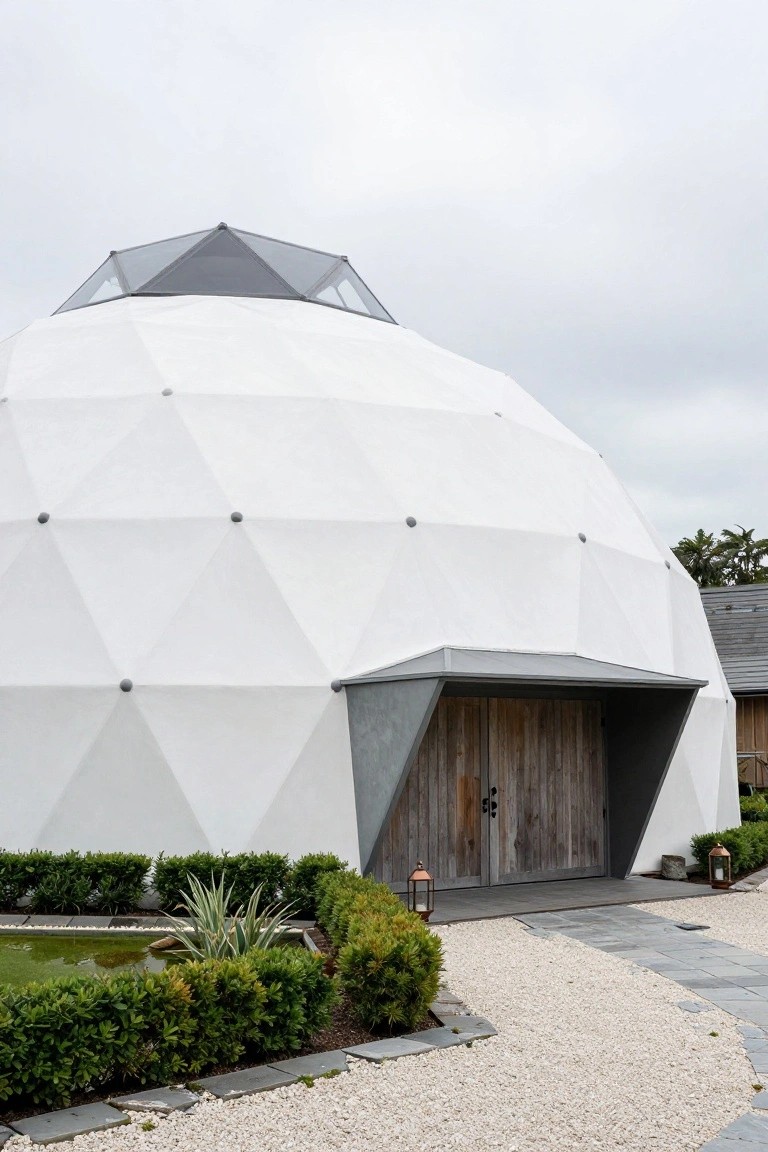 White geodesic dome structure with geometric panels, gray metal entry overhang, weathered wooden double doors, brass lanterns, gravel path, boxwood hedges, and small water feature in front.