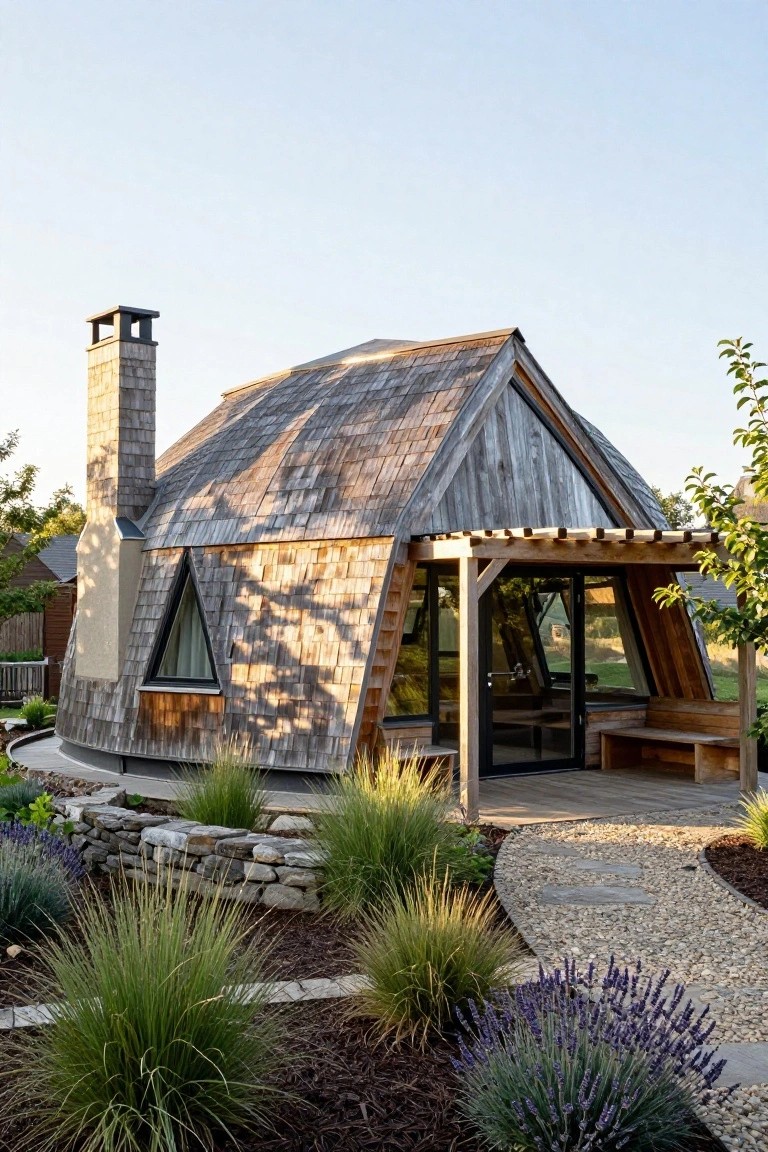 Exterior of a shingle-covered dome-shaped house with a stone chimney, triangular window, glass entry doors under a wooden pergola, stone retaining wall, gravel path, and ornamental grasses in the yard.