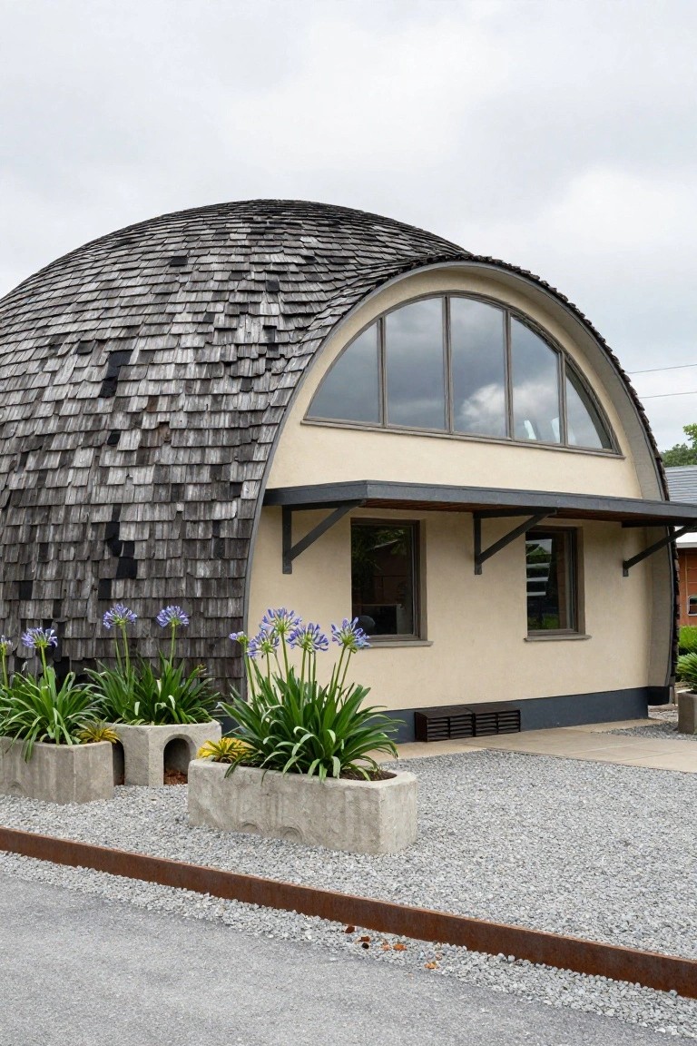 Dome-shaped house exterior with dark wood shingle roof, large arched window, beige stucco walls, black awning over two side windows, agave plants in concrete planters, and gravel ground with rusted steel edging.