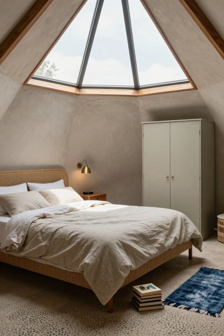 Bedroom interior in a beige geodesic dome with a large hexagonal skylight in the ceiling, rattan bed with beige linens, wooden nightstand, tall pale wardrobe, stack of books, blue rug, and pebble tile floor.