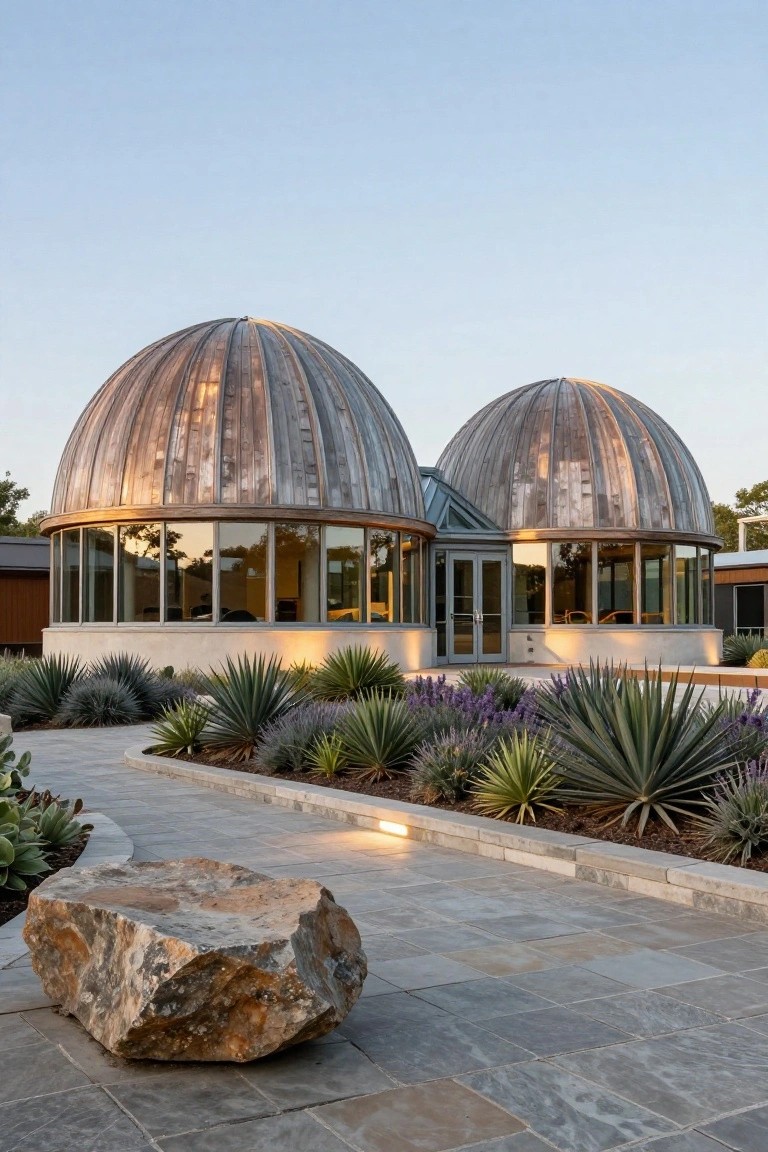 Two adjacent copper-clad dome structures connected by a glass-walled entrance, surrounded by agave plants and lavender along a stone pathway and paved patio.