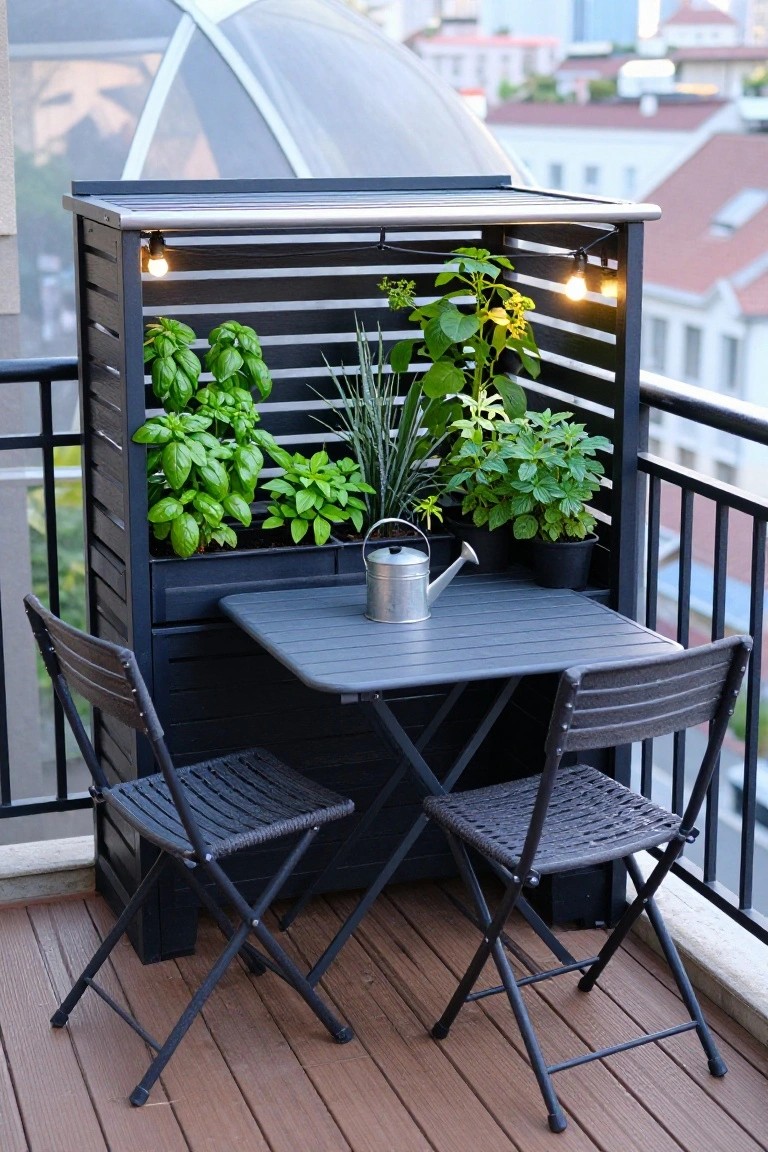 Black slatted vertical planter box filled with potted herbs including basil on an apartment balcony railing, with a small gray folding table holding a metal watering can, two matching gray chairs, string lights, and a cityscape view in the background.