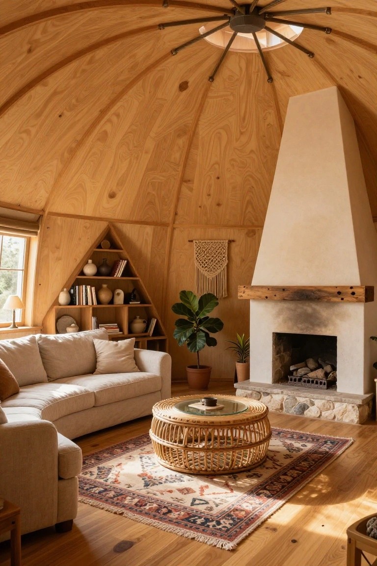 Interior of a geodesic dome living room with curved wooden walls and ceiling, beige curved sofa, rattan coffee table on patterned rug, triangular wooden shelving unit, potted plants, and tall stone fireplace with wood mantel.