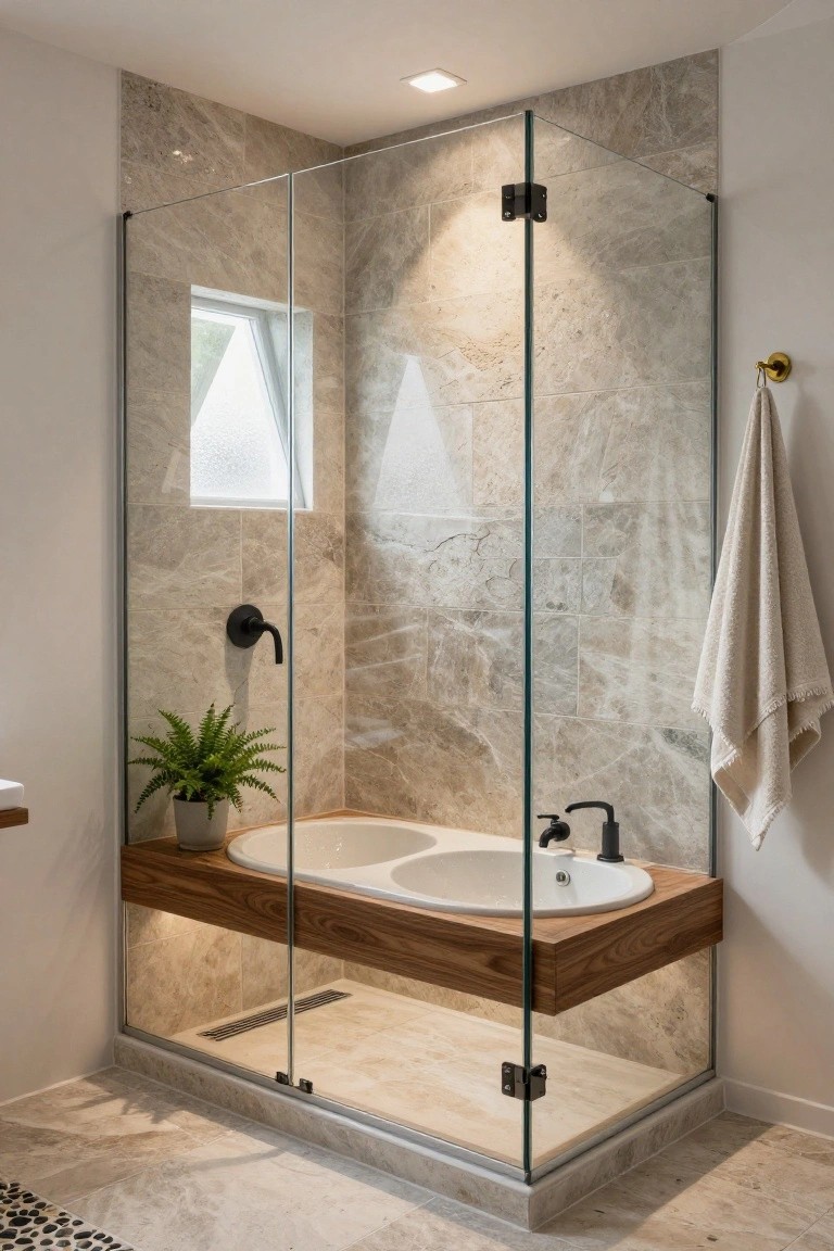 Modern bathroom interior with gray marble tile walls, frameless glass shower enclosure, floating wooden vanity holding two white sinks, potted fern plant, and white towel on gold hook.