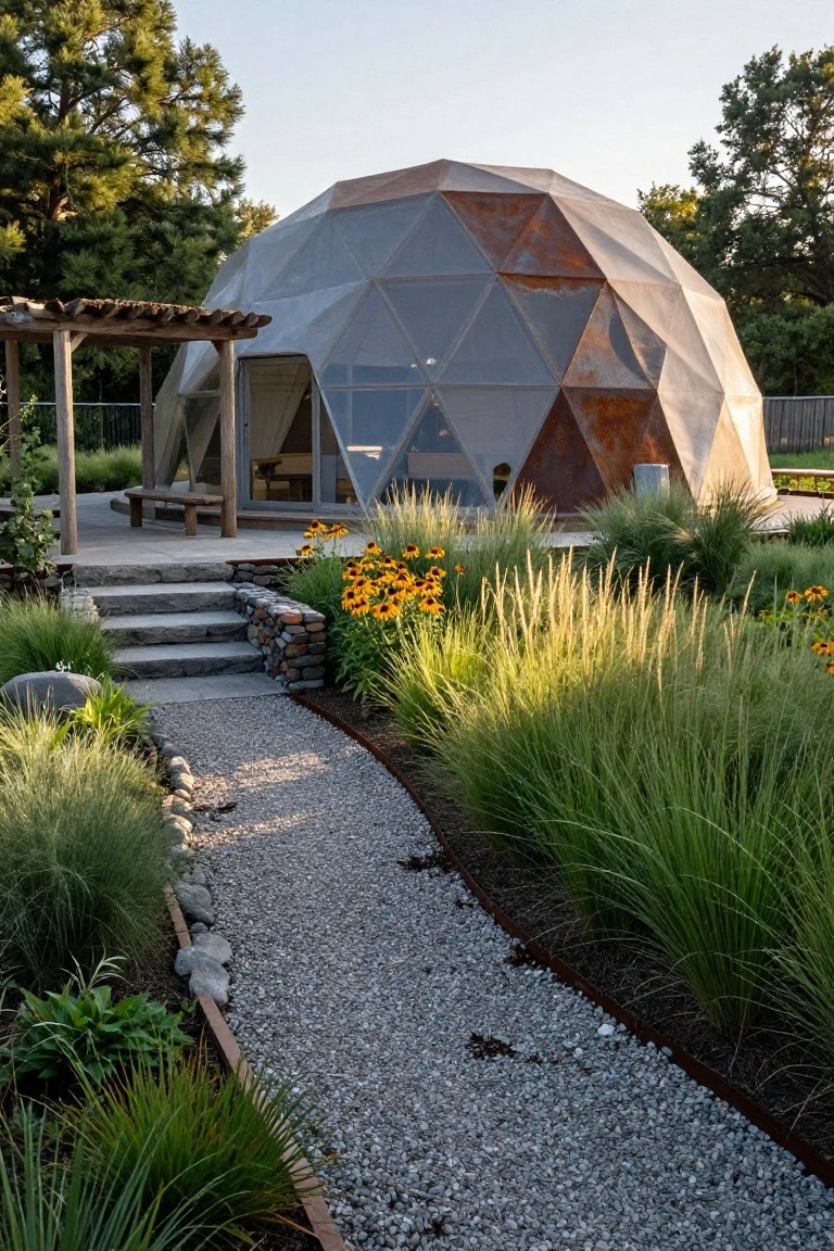 Geodesic dome home with rusted metal-framed glass panels and a wooden pergola entry deck approached by stone steps and a gravel path edged with ornamental grasses and flowers.