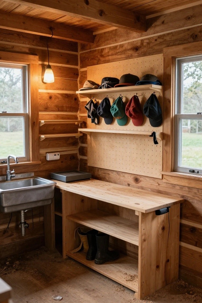 Log cabin interior with wooden walls, a workbench and stainless sink, pegboard wall holding various hats, shelves with rubber boots, and two windows showing a field outside.