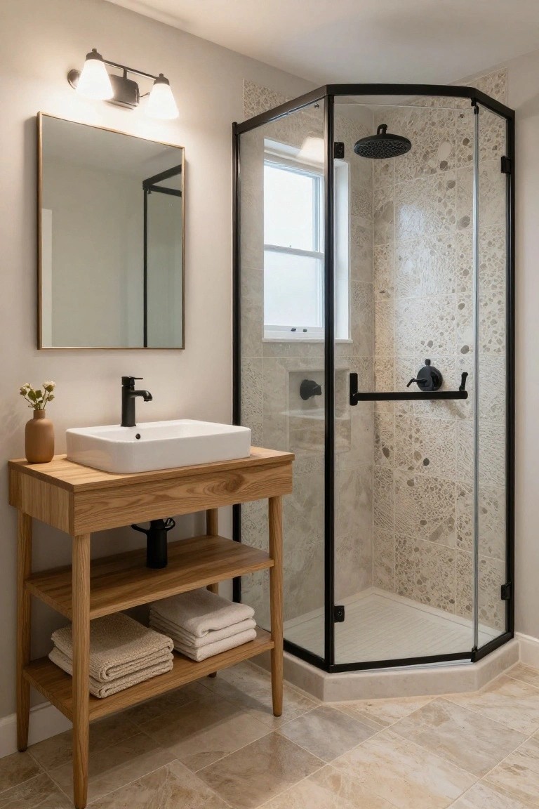 Small modern bathroom with corner glass shower enclosure, wooden vanity holding white rectangular sink and towels, black fixtures, neutral speckled tile walls and floor.