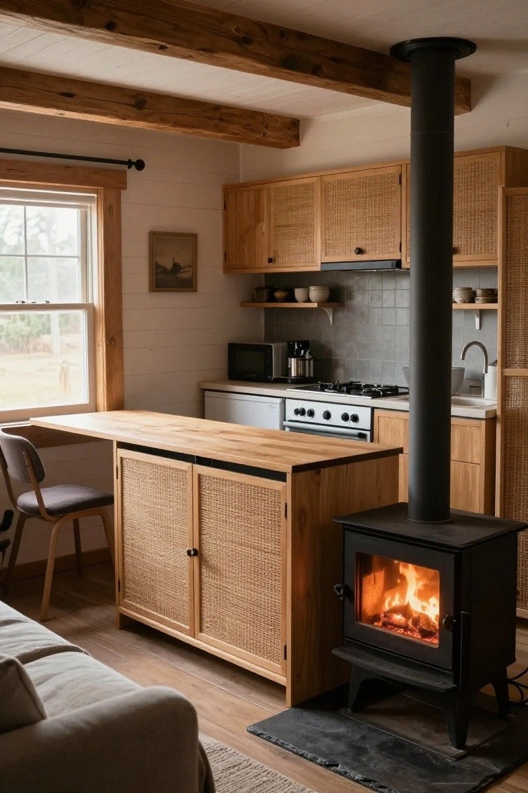 Cozy interior of a small log cabin kitchen and living area with exposed wooden beams, rattan-fronted cabinets, a light wood peninsula countertop with chair, kitchen appliances, and a black wood-burning stove with flames visible.