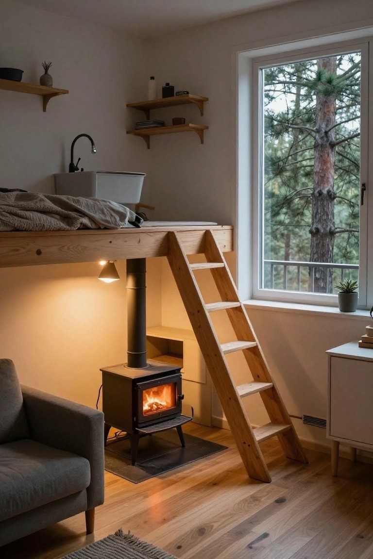 Small cabin interior with elevated wooden loft bed accessed by ladder, white sink below, wood-burning stove, gray armchair, floating shelves, and large window showing pine trees outside.