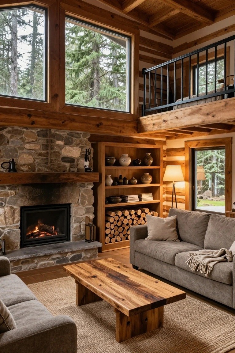 Log cabin interior with high wood-beamed ceilings, stone fireplace, built-in wooden shelves stacked with firewood, gray L-shaped sofas around a live-edge wood coffee table, seagrass rug, large windows showing evergreen forest, and black metal-railed loft balcony above.