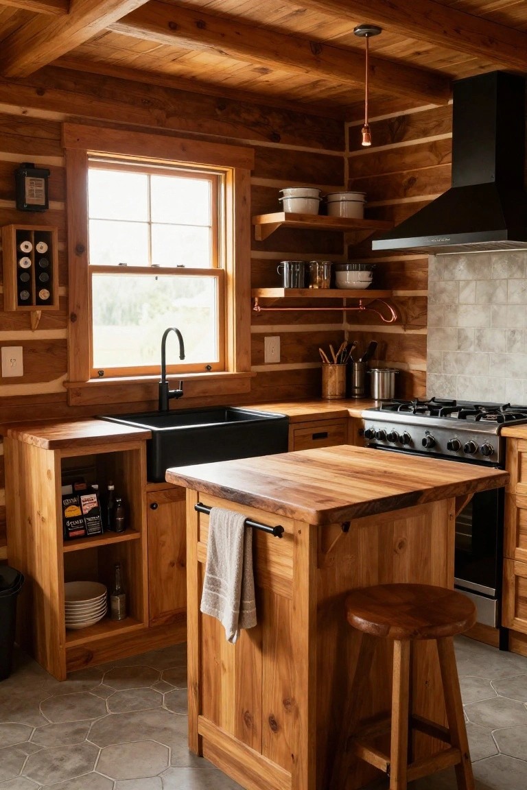 Log cabin kitchen interior with exposed wood beams and walls, black farmhouse sink, wooden center island with stool and towel bar, gas stove, and open shelves.