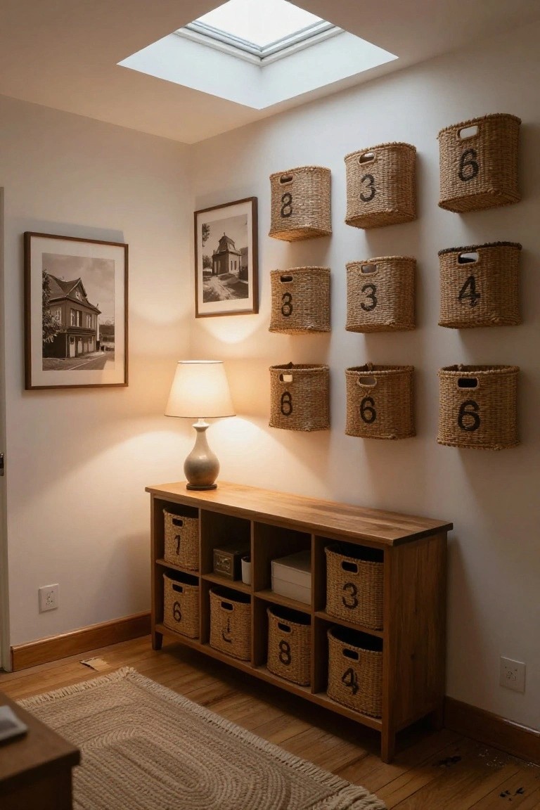 Corner of a light-filled interior room featuring rows of numbered wicker baskets mounted on white walls above a wooden shelving unit with additional baskets, a lamp on a side table, framed black-and-white photos, and a woven rug on hardwood floors.